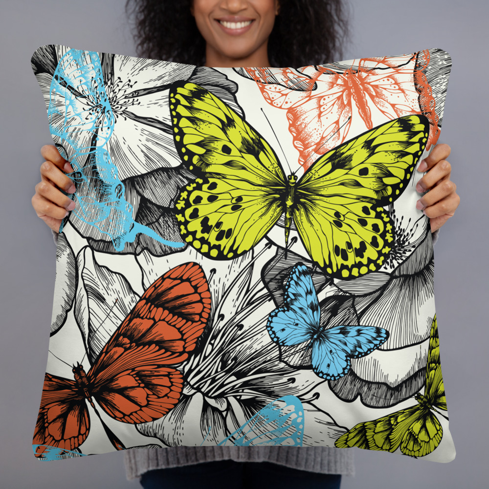 colorful butterflies and flower pillow cover