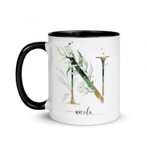Personalized mug - Gold Green Floral Alphabet