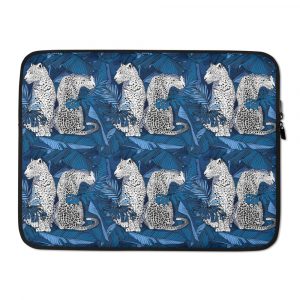 Hand drawn leopards in a blue palm laptop sleeve