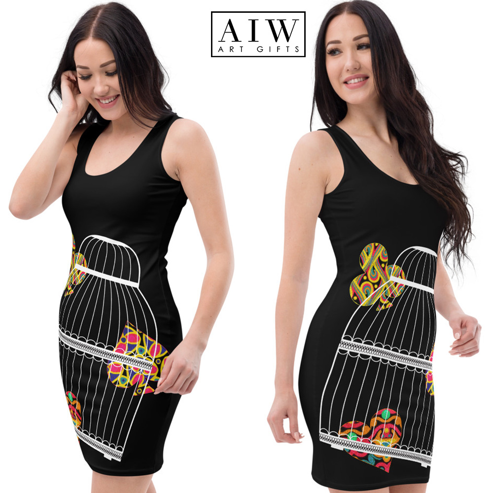 poker and bird cage print Fitted Dress