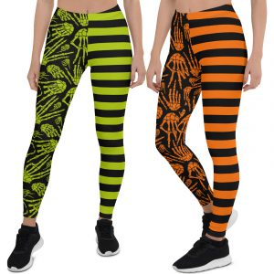 Mom and Kid Colorful Halloween Leggings with Hand Skeleton and Striped Line -id02