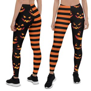 FAMILY Halloween Orange strip lines with jack o lantern emoticons faces Leggings - Pumpkin face legging -Mom and Kid size- ID08