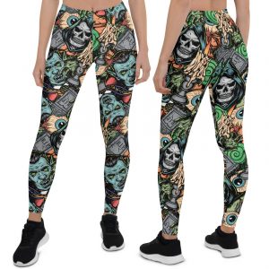 Kid and mom Scary Halloween woman Leggings, vampire and grim reaper heads woman leggings