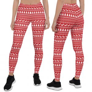 Cute red Christmas Leggings with Xmas trees, deers, hearts and snowflakes