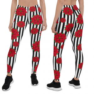 Red Christmas flower on black and white striped leggings - Xmas Bloom Leggings