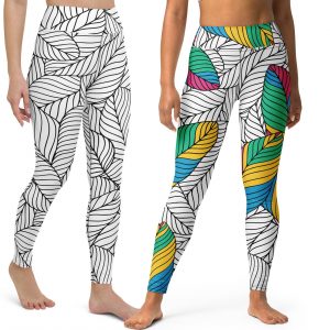 Vibrant Abstract Leaves Line Art Yoga Leggings