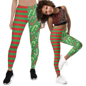 Matching Christmas Candy Cane and Red-Green Striped Leggings for mom and kid.