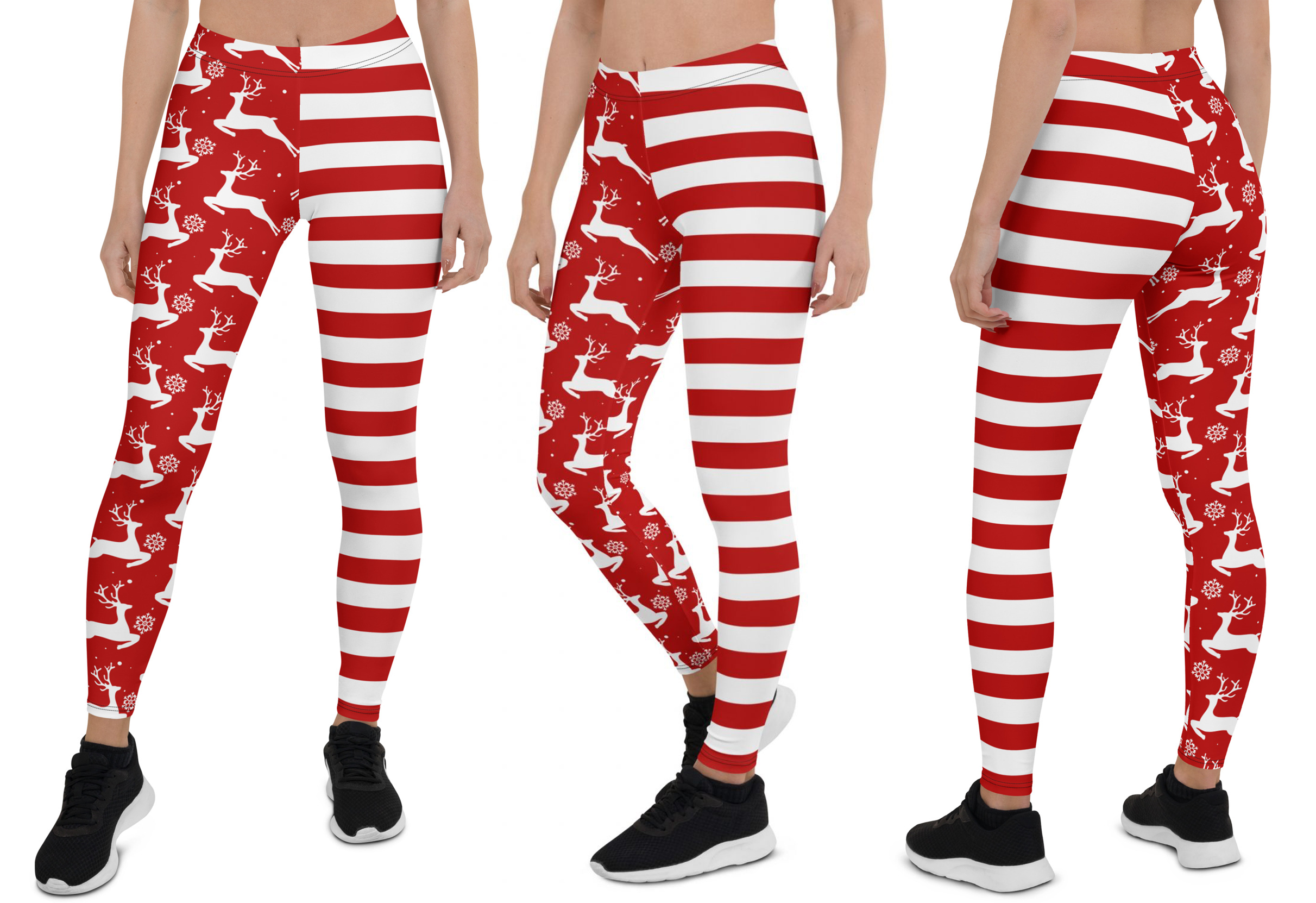 green chrismas legging with deer and stripe lines