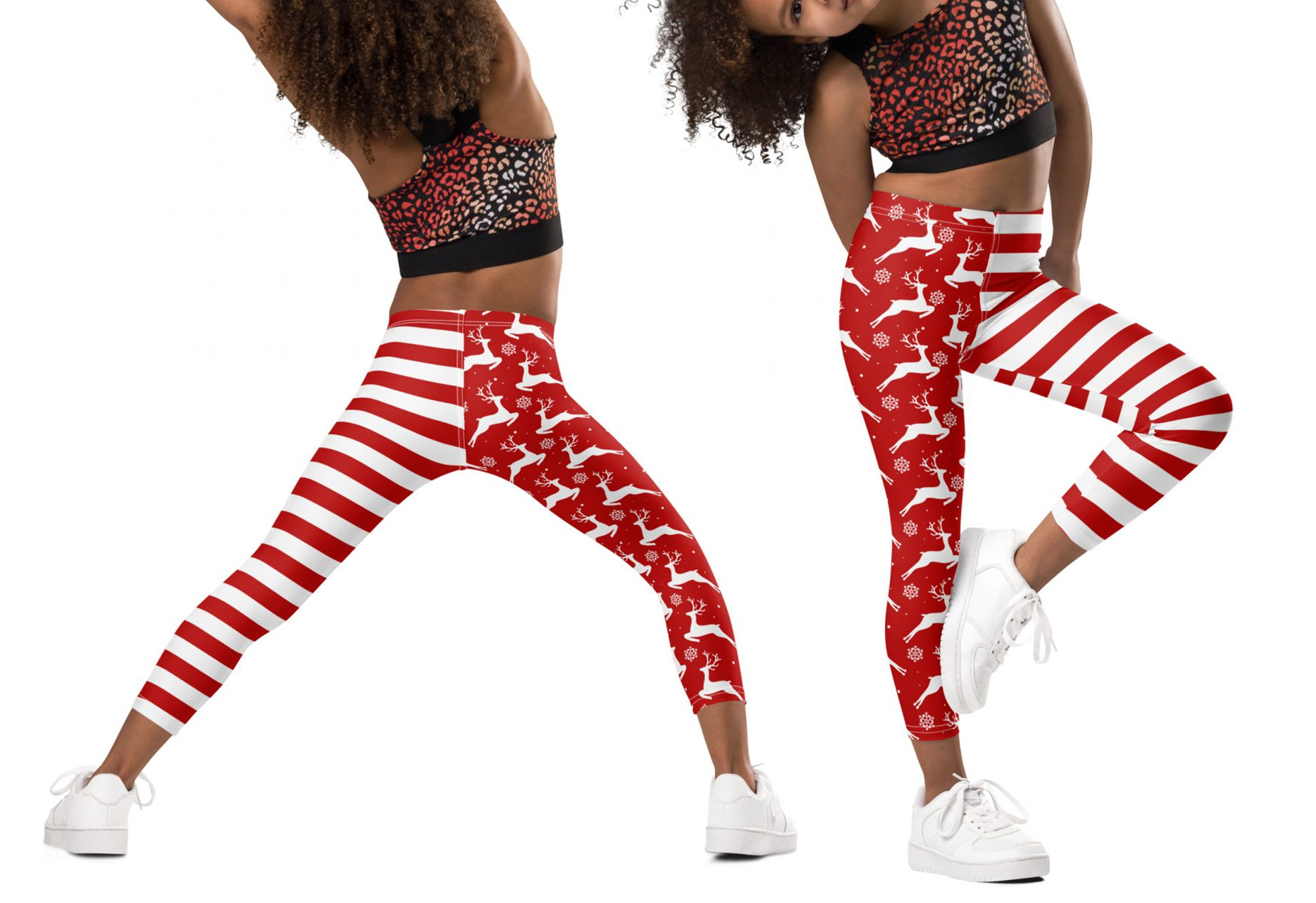kid chrismas legging with deer and stripe lines
