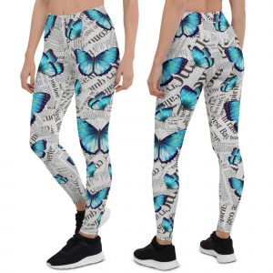 blue turquoise butterflies on Newspaper background Leggings