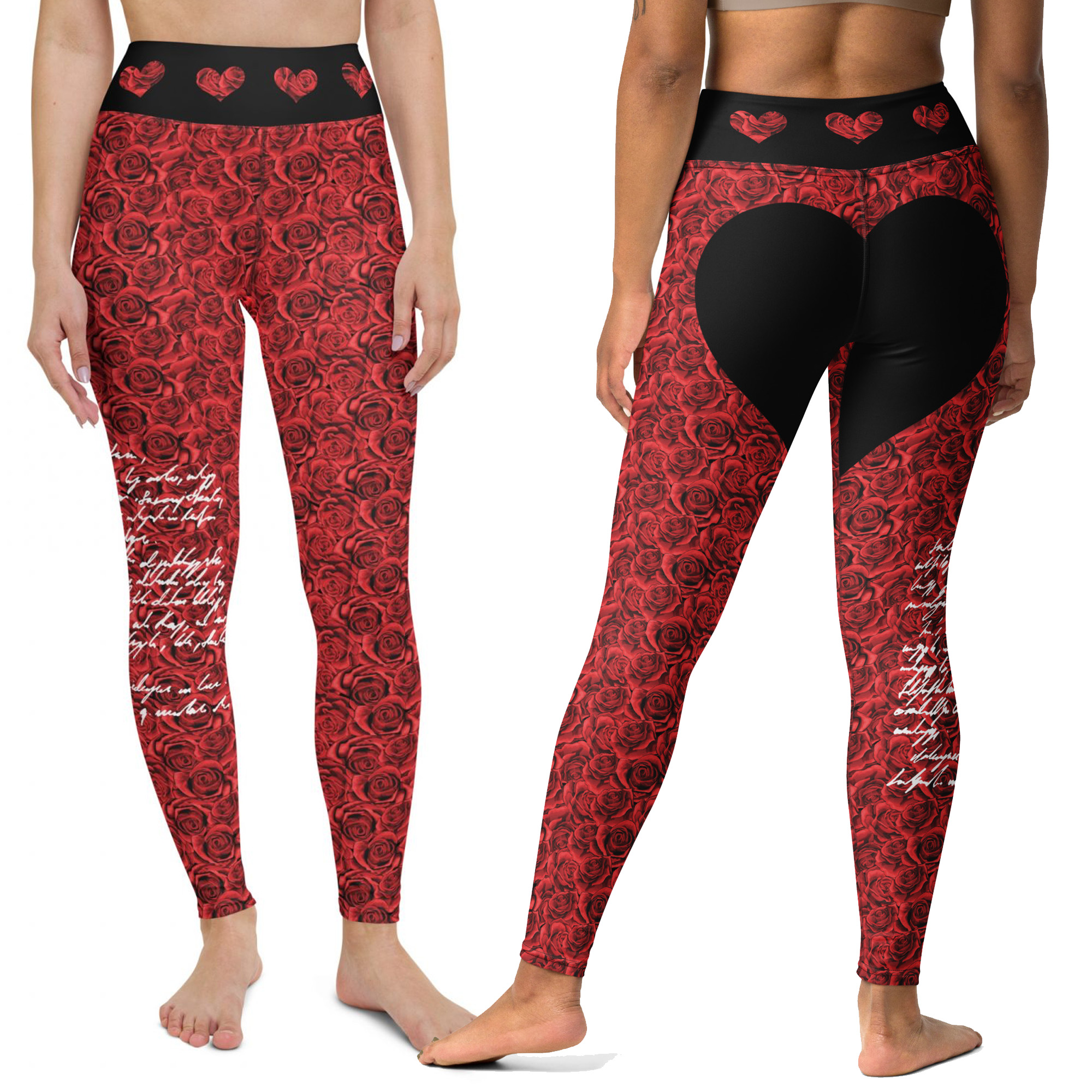 red rose with black heart valentine yoga legging