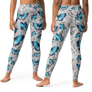 blue turquoise butterflies on Newspaper background Yoga Leggings